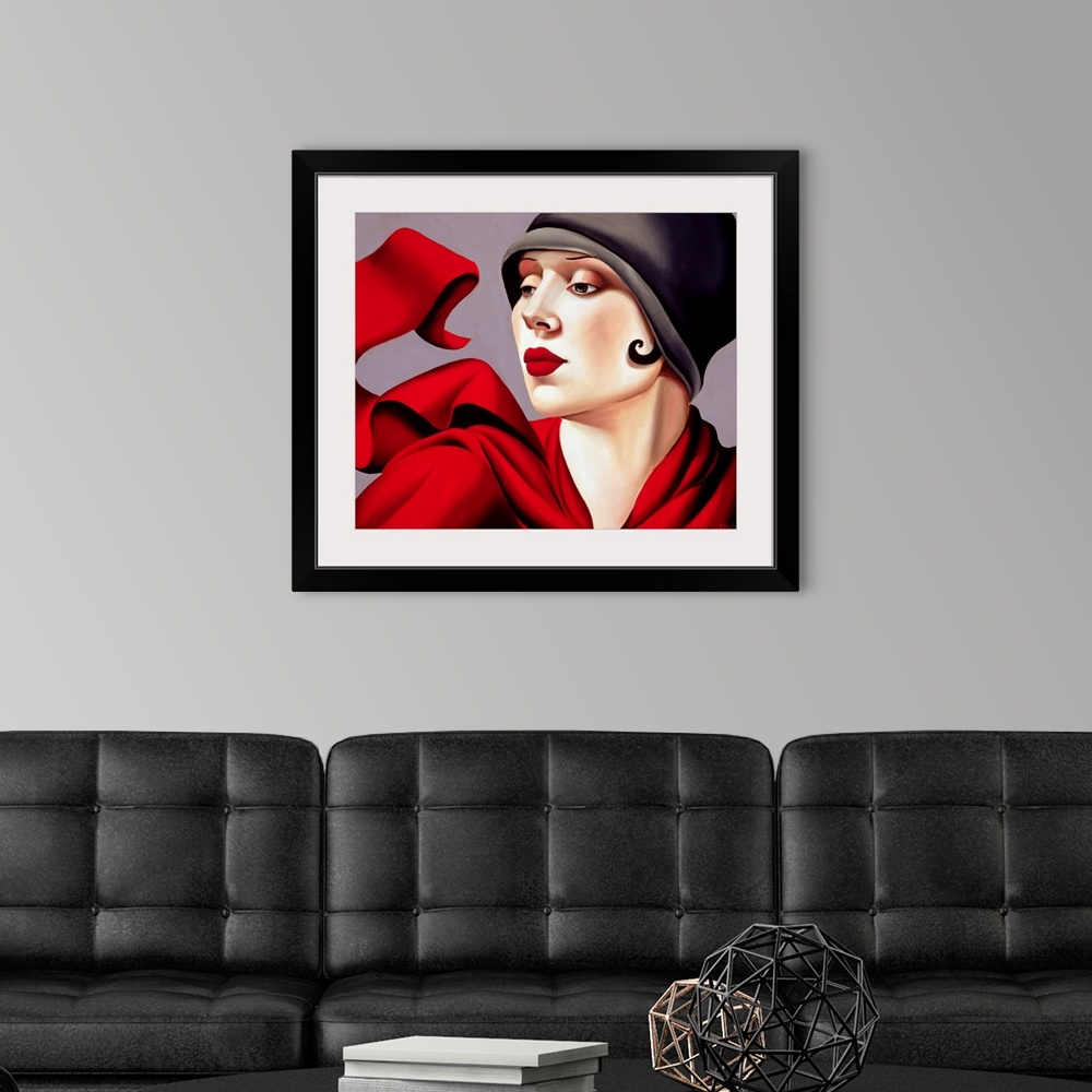 A modern room featuring Vintage artwork featuring a woman from what appears to be the early 20th century dressed in a hat...