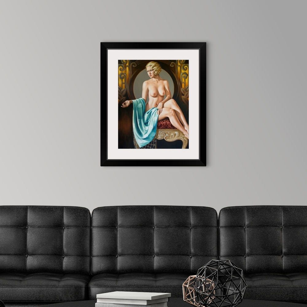 A modern room featuring Contemporary painting of a nude woman with a blue shawl.
