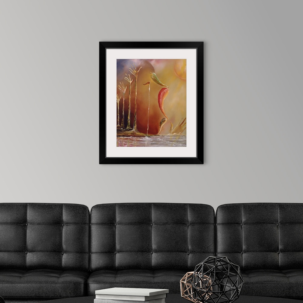 A modern room featuring Contemporary oil painting of water in the shape of four hands reaching upward.  Leaves falling do...