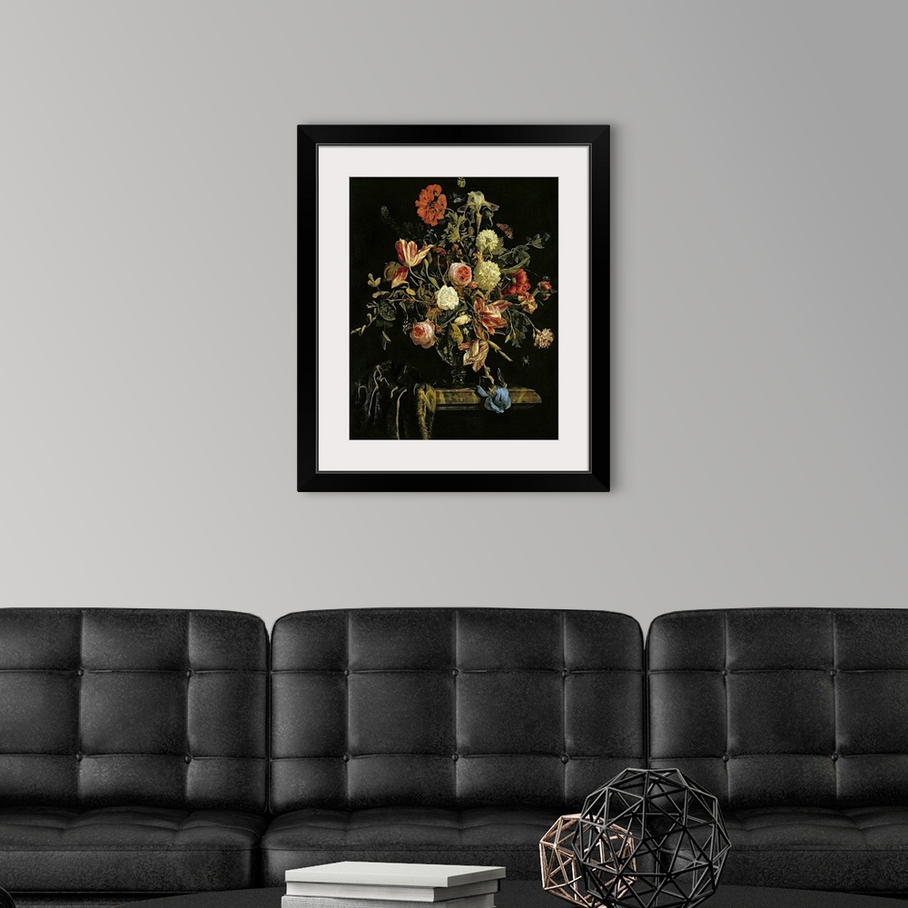 A modern room featuring Flowers are painted growing out of a glass vase against a dark background. Some of the flowers ar...