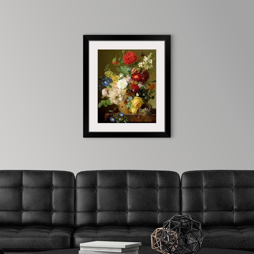 A modern room featuring A nineteenth century still life painting of enormous floral blooms of many varieties, a birdos ne...