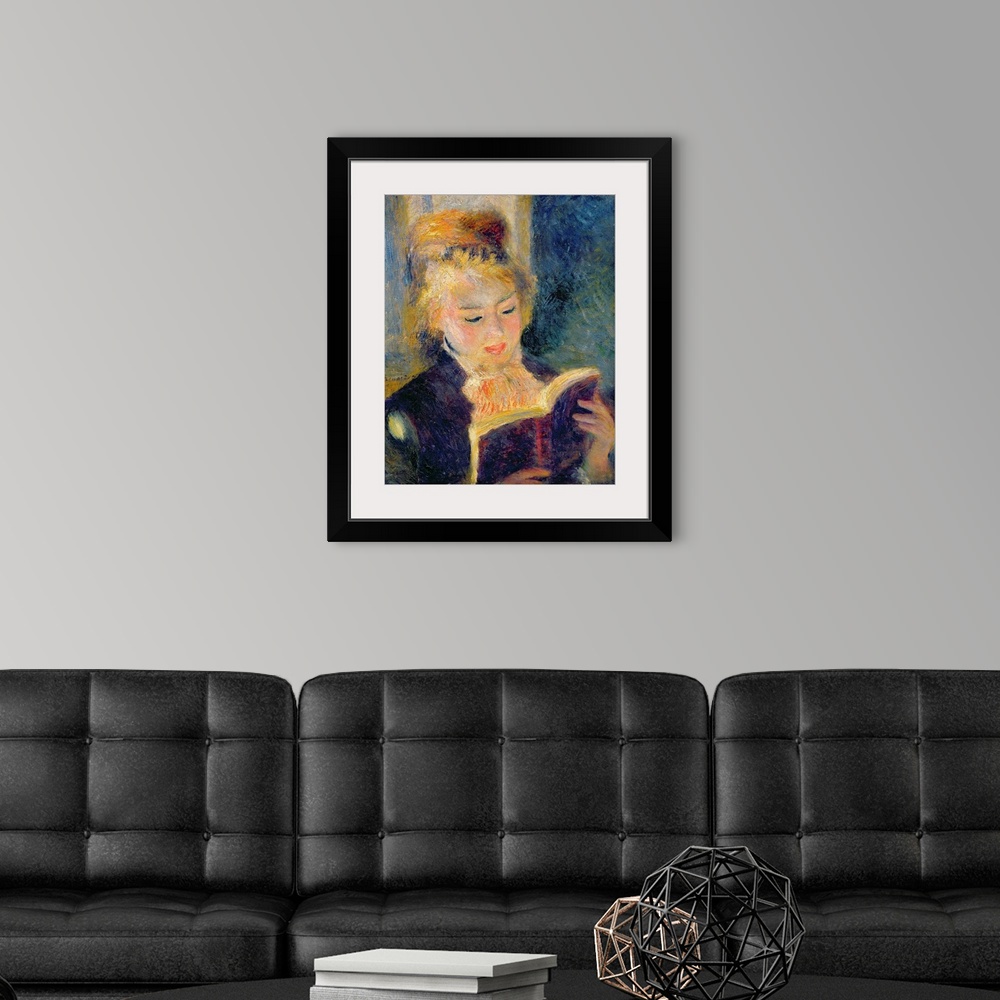 A modern room featuring Portrait, classic art painting on a big canvas of a woman reading a book.  Painted with harsh, ro...