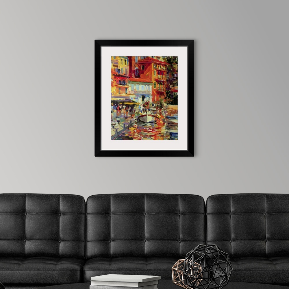 A modern room featuring Artwork for the home or office with colorful buildings drawn in the background sitting on a river...