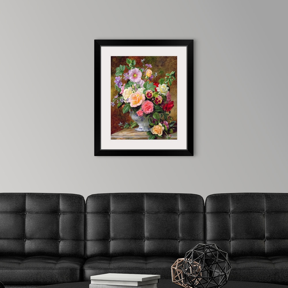 A modern room featuring A colorful 17th century still life by a Flemish painter that shows of pansies and roses arranged ...