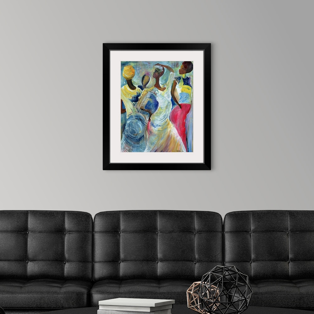A modern room featuring A large vertical painting of four African American women who are dancing. The brush strokes are a...