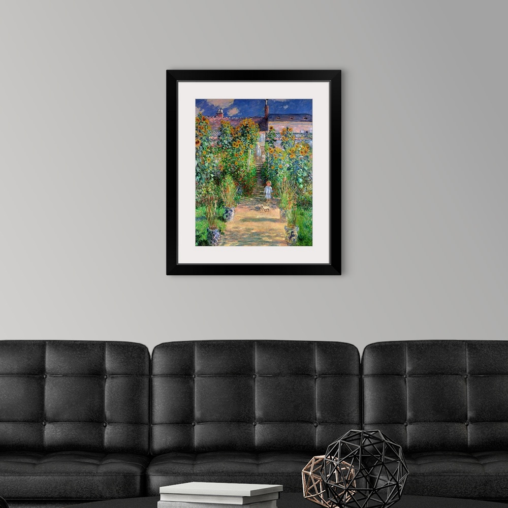 A modern room featuring Classical oil painting of child wondering down dirt pathway lined with sunflowers and tall grass ...