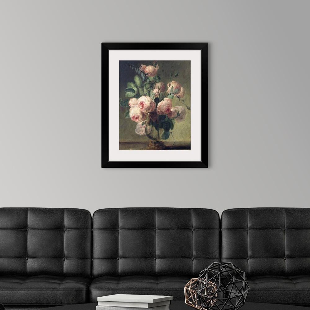 A modern room featuring This large oil painting is of pink roses coming out of an antique vase with a cracked texture ove...