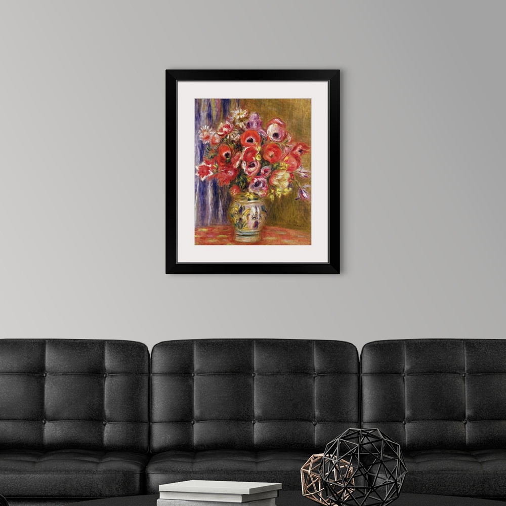 A modern room featuring Big painting on canvas of large flowers in a vase on a table.
