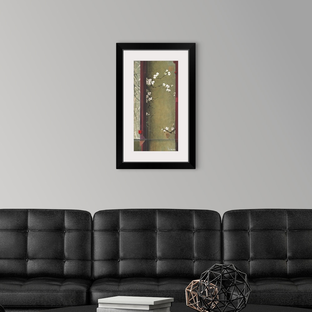 A modern room featuring A contemporary painting with white cherry blossoms bordered with a square grid design.