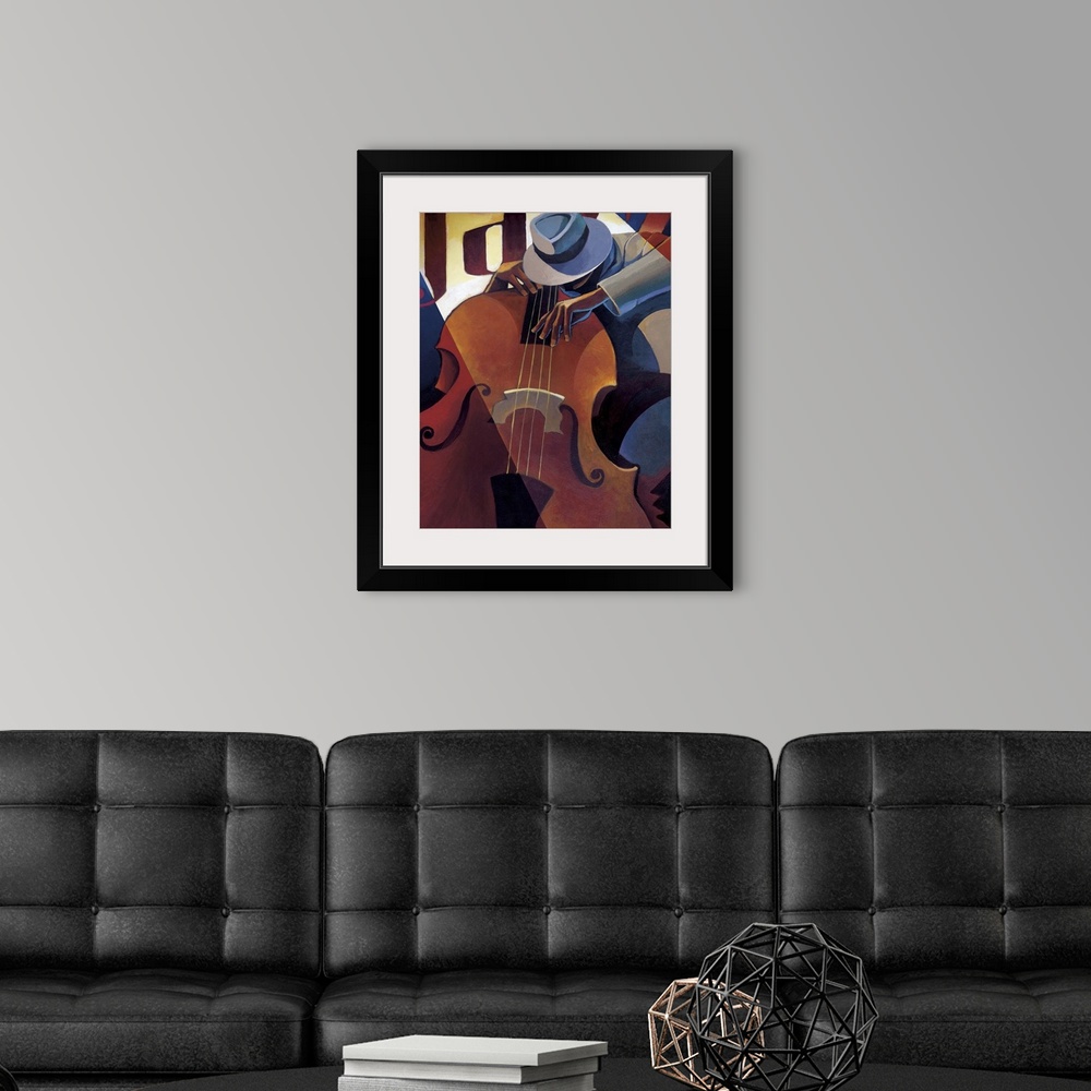 A modern room featuring Contemporary painting of a jazz musician playing the bass.