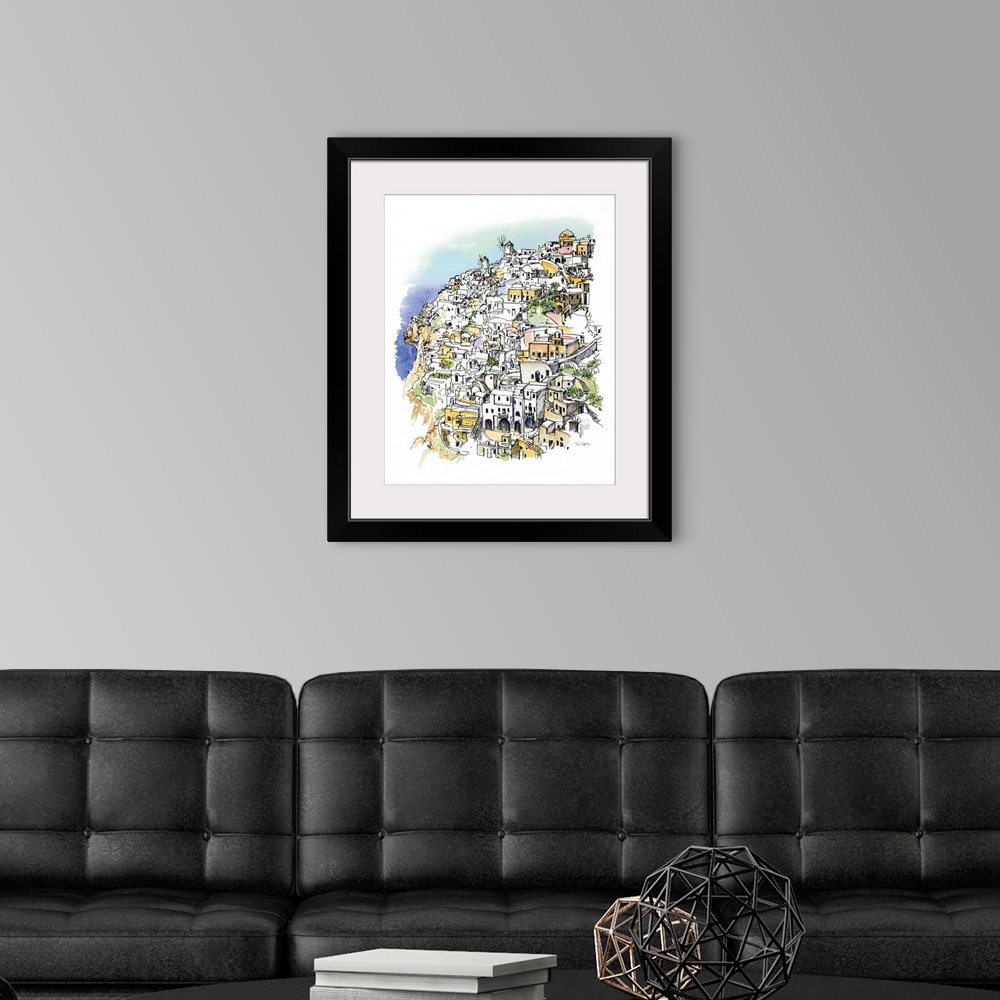A modern room featuring A lovely pen and ink depiction of a hilltop coastal village.