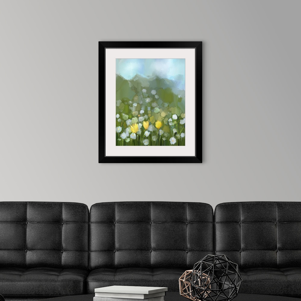 A modern room featuring Originally an oil painting field of yellow tulip and white daisy flowers. Originally hand painted...