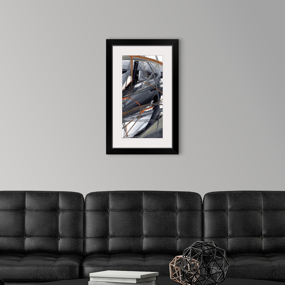 A modern room featuring Contemporary abstract artwork of wild strokes of paint in grey and orange.