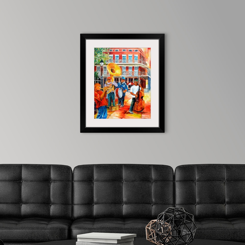 A modern room featuring Colorful contemporary painting of New Orleans' street musicians performing in Jackson Square.