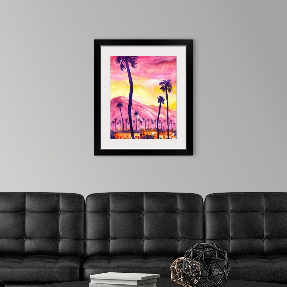 A modern room featuring Watercolor of an imagined view in Palm Springs. Showing the distinguishing features of the scener...