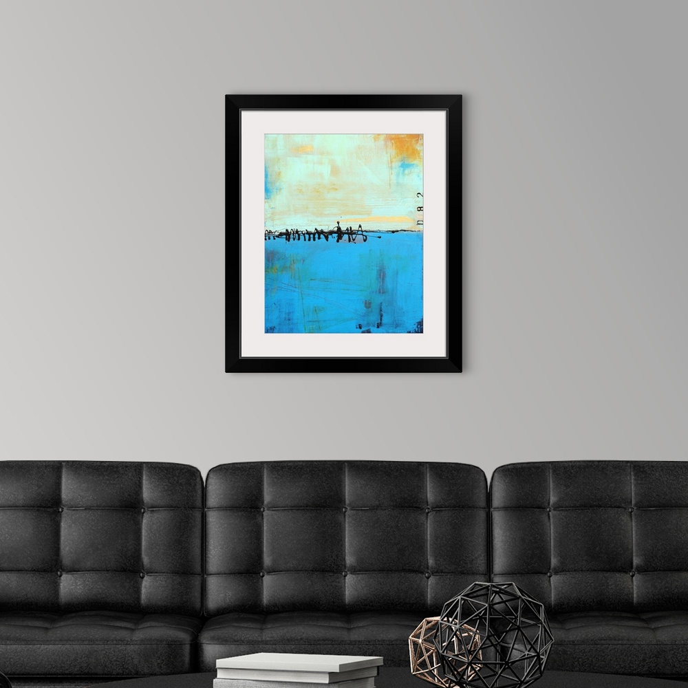 A modern room featuring Contemporary abstract color field style painting using blue tones.