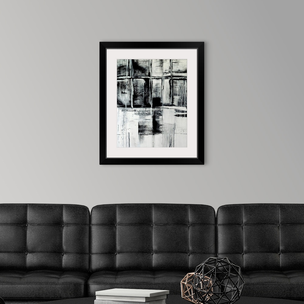 A modern room featuring Black and white contemporary abstract art, painted roughly in squares, resembling grungy warehous...