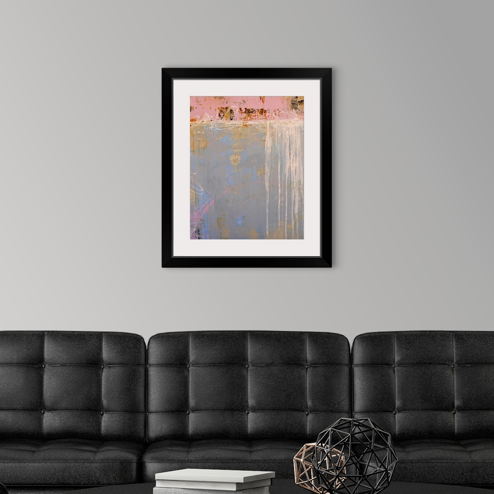 A modern room featuring Abstract painting of sheet music bleeding through cheerful paint colors.