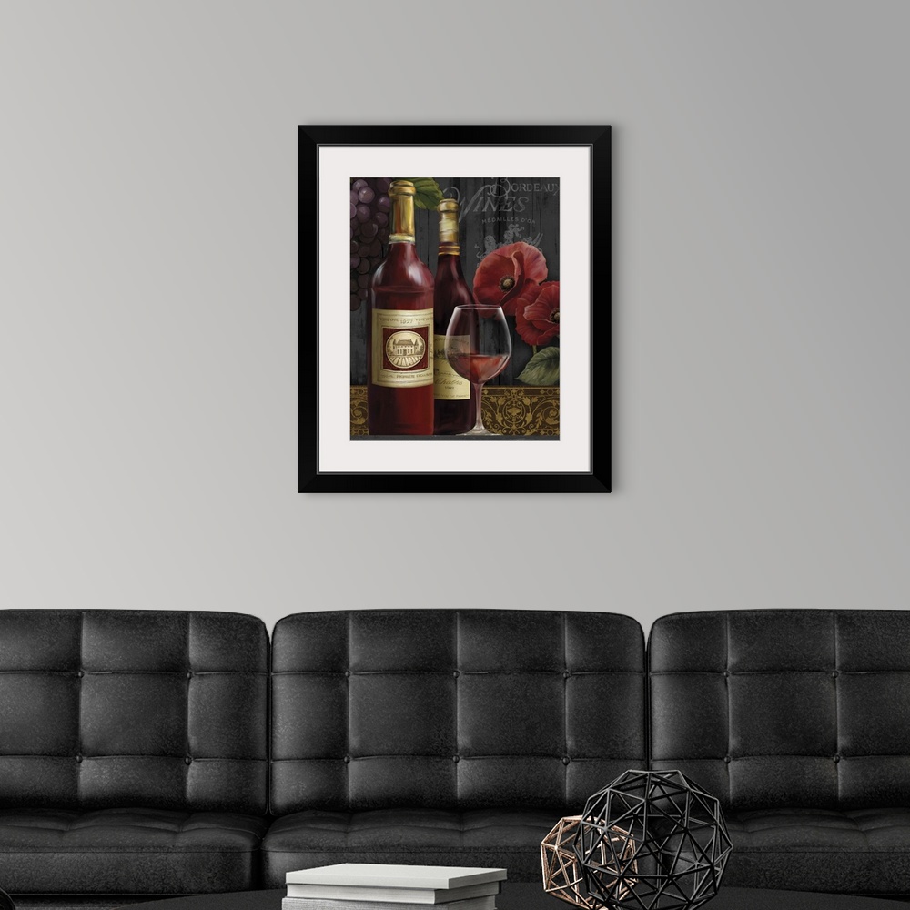 A modern room featuring Still life painting of two bottles of wine and a glass of red wine with poppies and grapes in the...