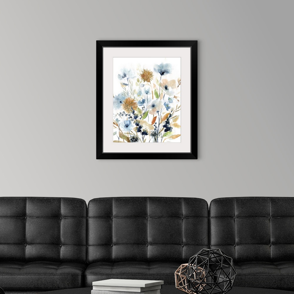 A modern room featuring Watercolor painting of wildflowers in earthy colors on a white background.