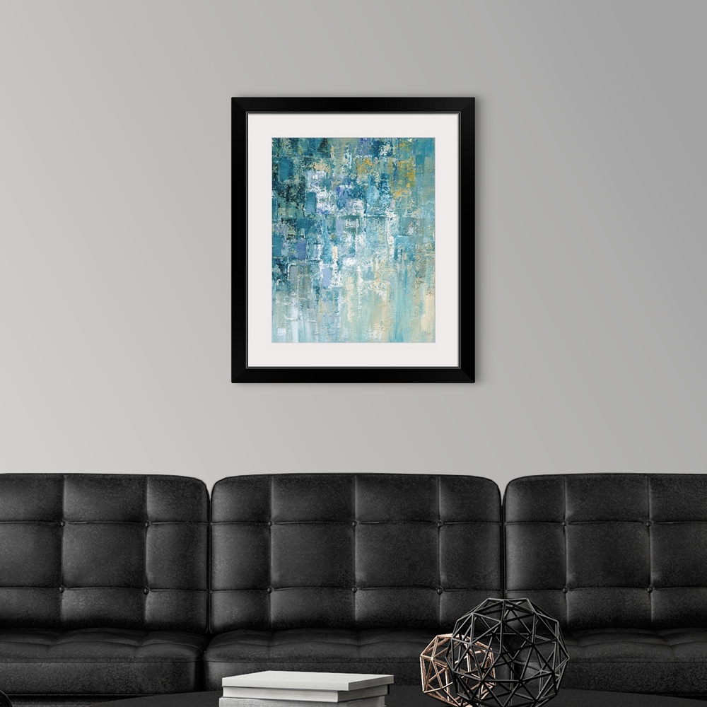 A modern room featuring Vertical abstract painting comprised of cascading heavy textured painted rectangles in shades of ...