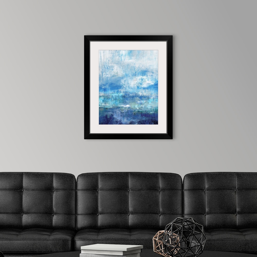 A modern room featuring Abstract painting with different shades of blue and a white overlay resembling mist.