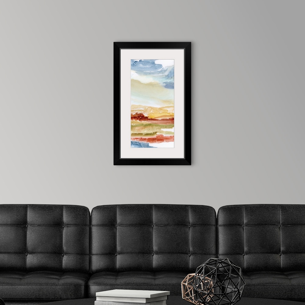 A modern room featuring Abstract watercolor painting in blue, red, and orange, resembling a desert landscape.