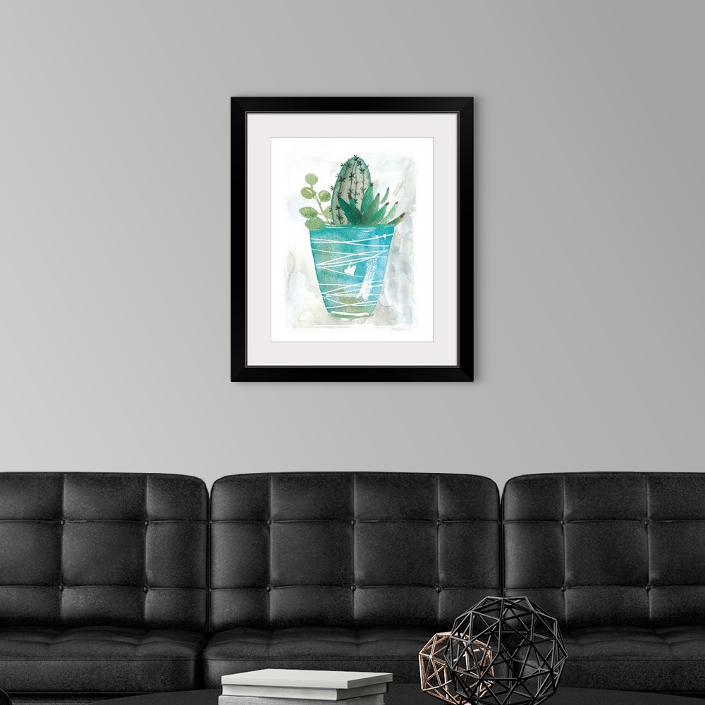 A modern room featuring A watercolor painting of a cactus along with other succulents planted in a blue pot with white li...