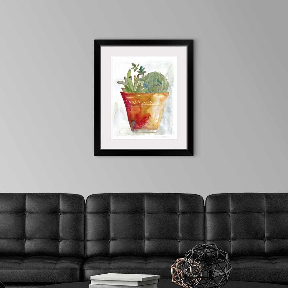 A modern room featuring A watercolor painting of a cactus in a terracotta pot.