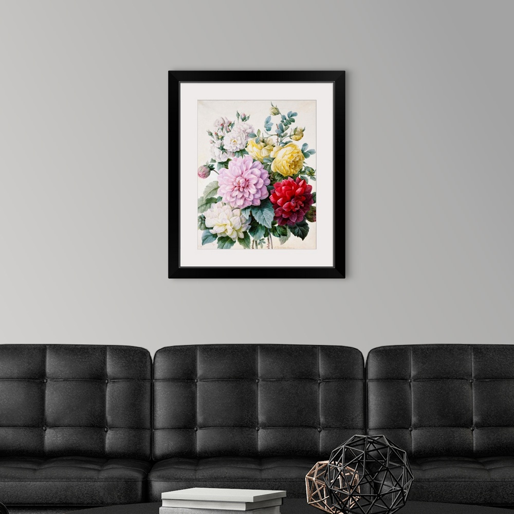 A modern room featuring Bouquet Of Dahlias And Roses By Camille De Chantereine