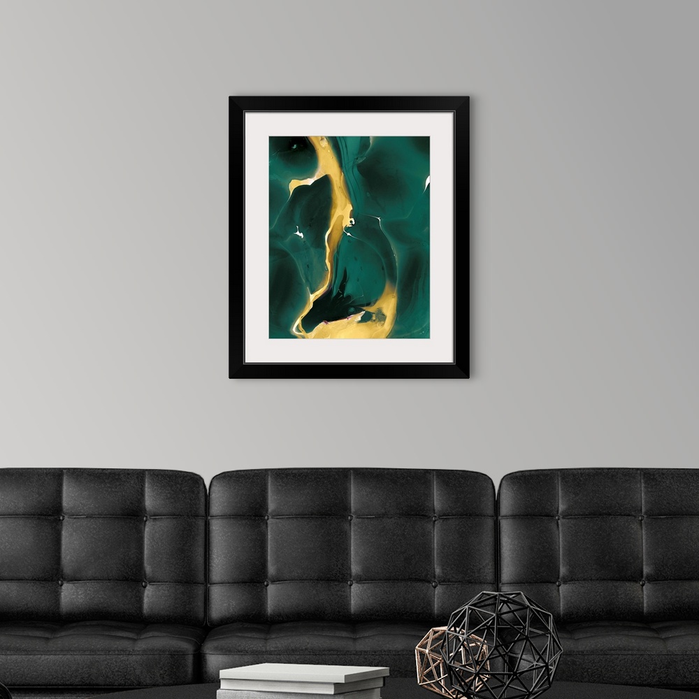 A modern room featuring A contemporary abstract painting using dark green tones and hints of golden yellow.