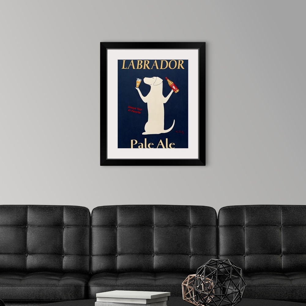 A modern room featuring Playful poster art work featuring a dog holding a beer bottle in one paw and a glass of alcohol I...
