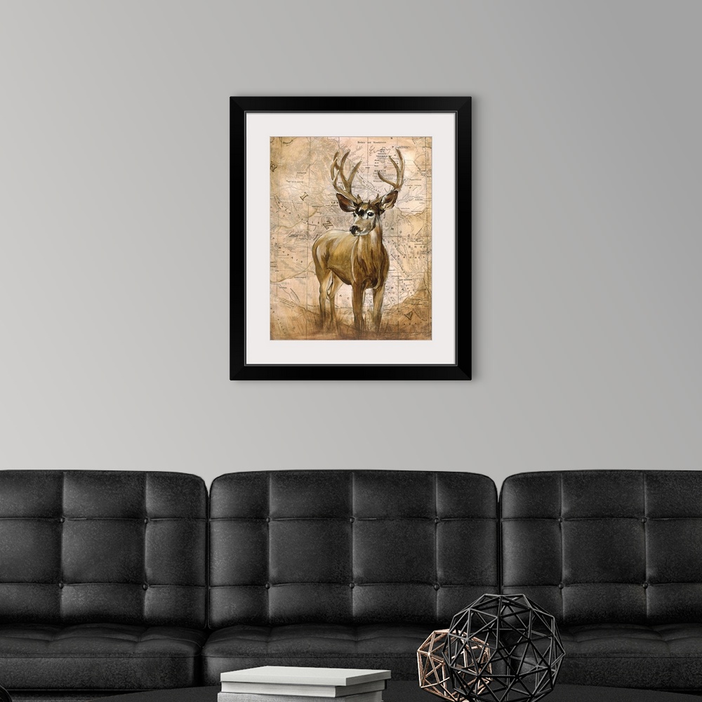 A modern room featuring Art piece of a big buck standing in front of a vintage looking map of Arizona.