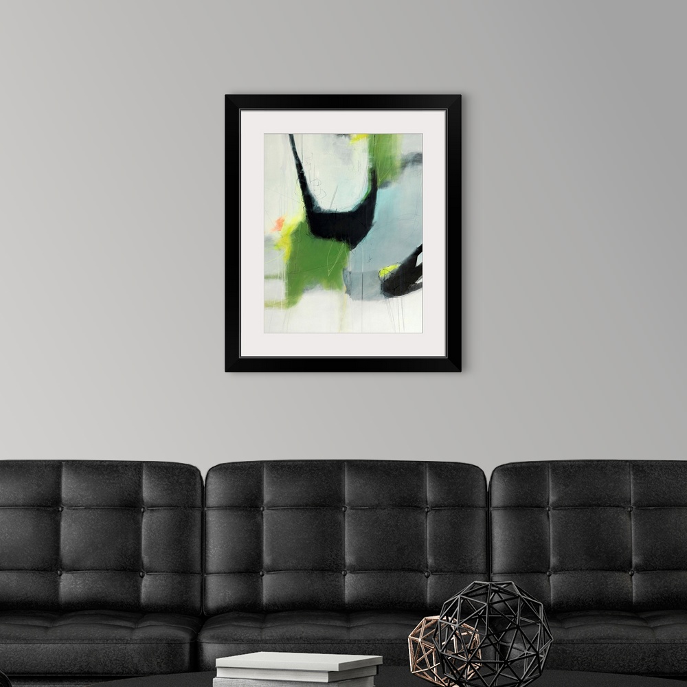 A modern room featuring A contemporary abstract painting using wonderful shapes and colors.