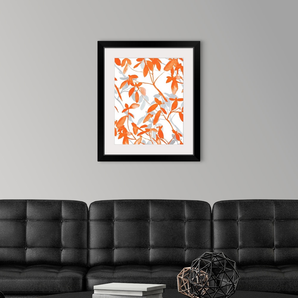 A modern room featuring An abstract watercolor painting of branches of leaves in colors of orange and gray.