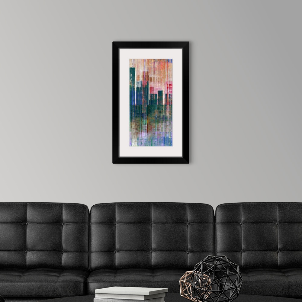 A modern room featuring An abstract painted cityscape pops from a textured canvas.