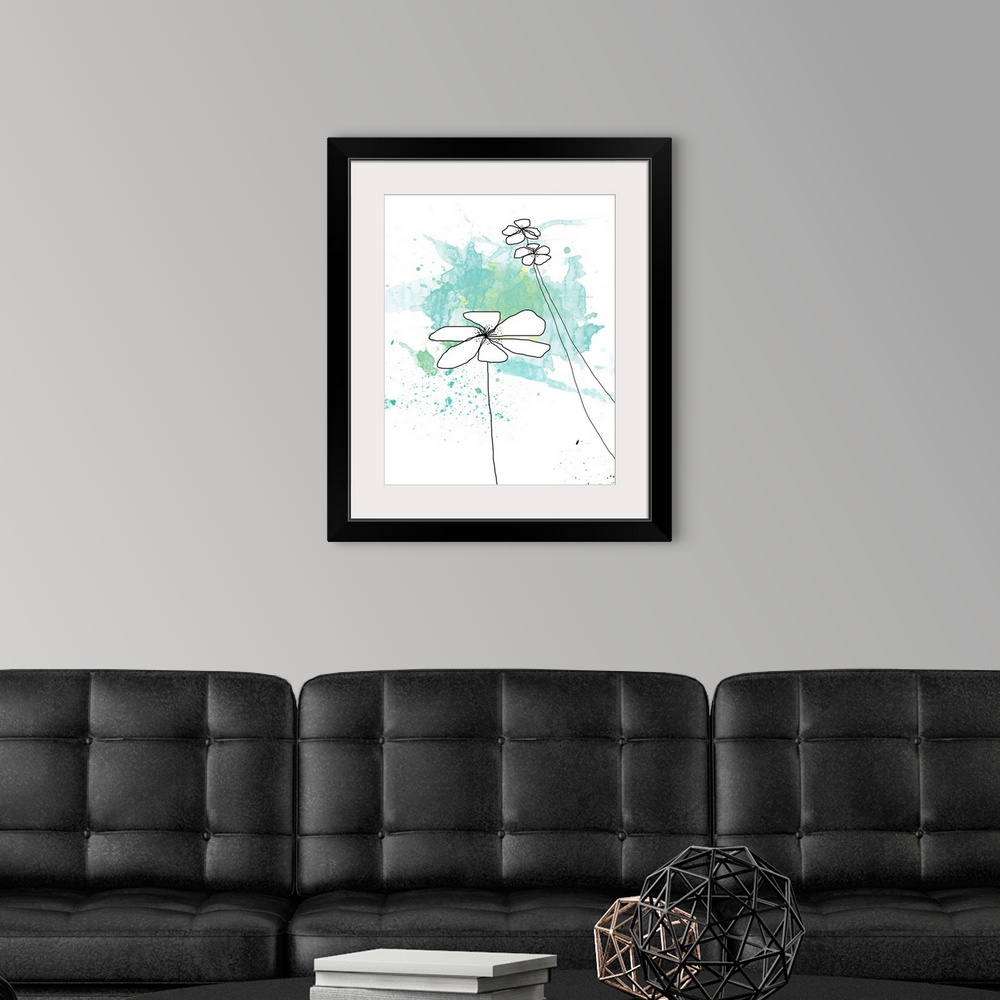 A modern room featuring Giant contemporary art includes a group of three outlined flowers with minimal detail sitting in ...