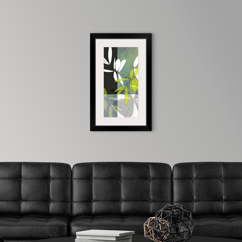 A modern room featuring Art print created from original illustrations of leaves and rendered digitally with layers and te...