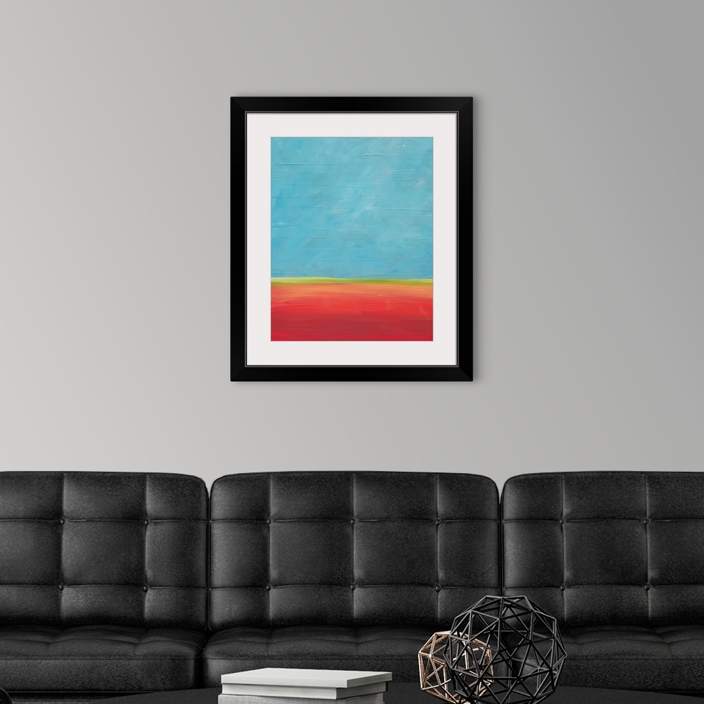 A modern room featuring A blue sky and a calm horizon come together in this landscape painting. Red earth and open space.