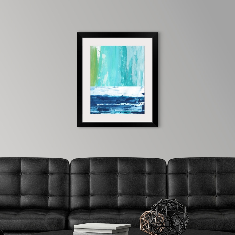 A modern room featuring Abstract landscape painting of an ocean using vertical and horizontal broad brush strokes in blue.