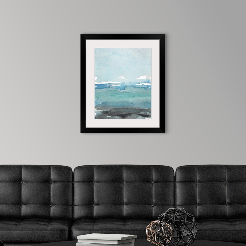 A modern room featuring Vertical abstract landscape painting of an ocean using horizontal, broad brush strokes in blue an...