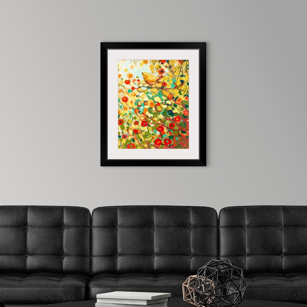 A modern room featuring This contemporary painting is a colorful blast of abstract and organic dabs of paint create a sce...