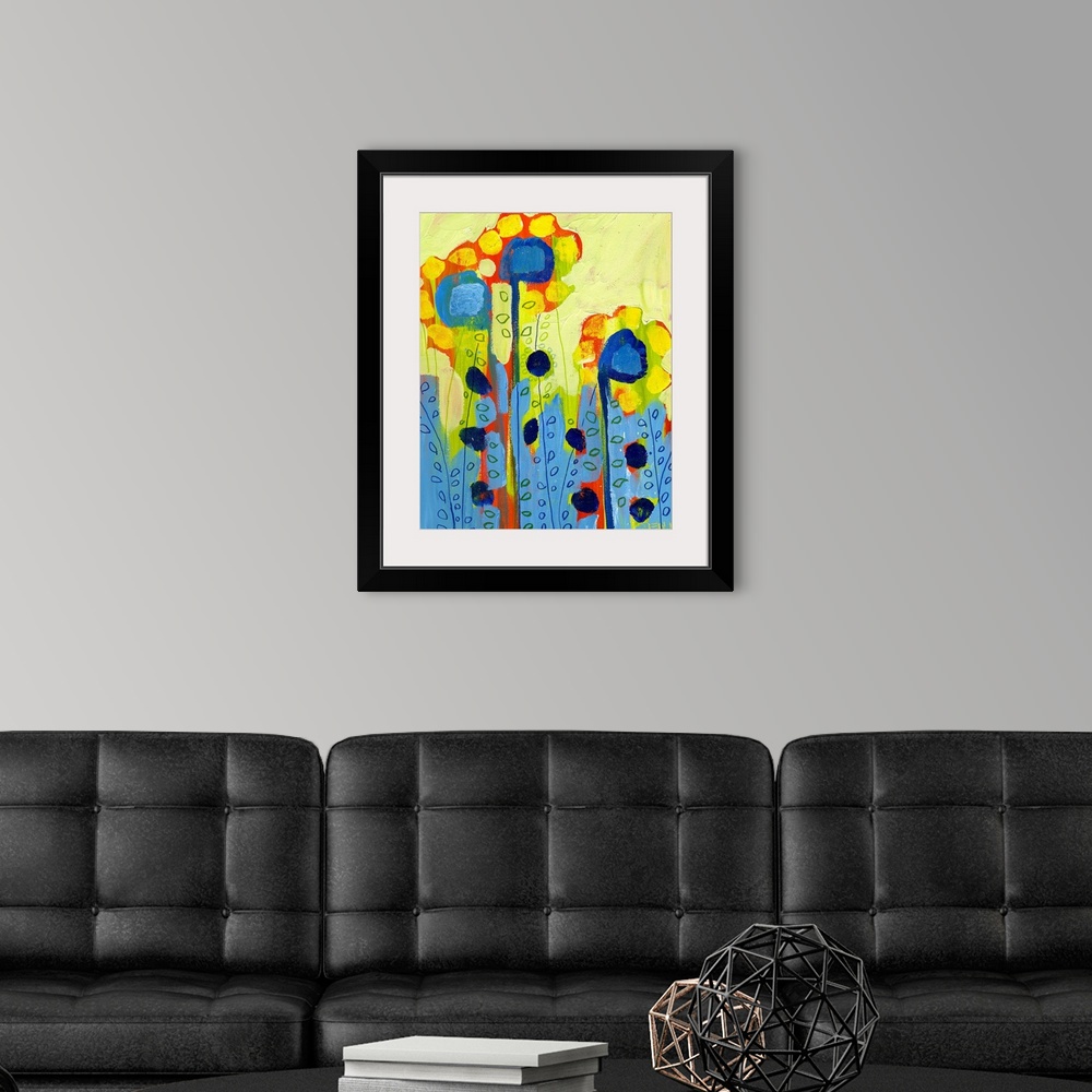 A modern room featuring Portrait, abstract painting of several tall flowers with circular shapes used for petals and leav...