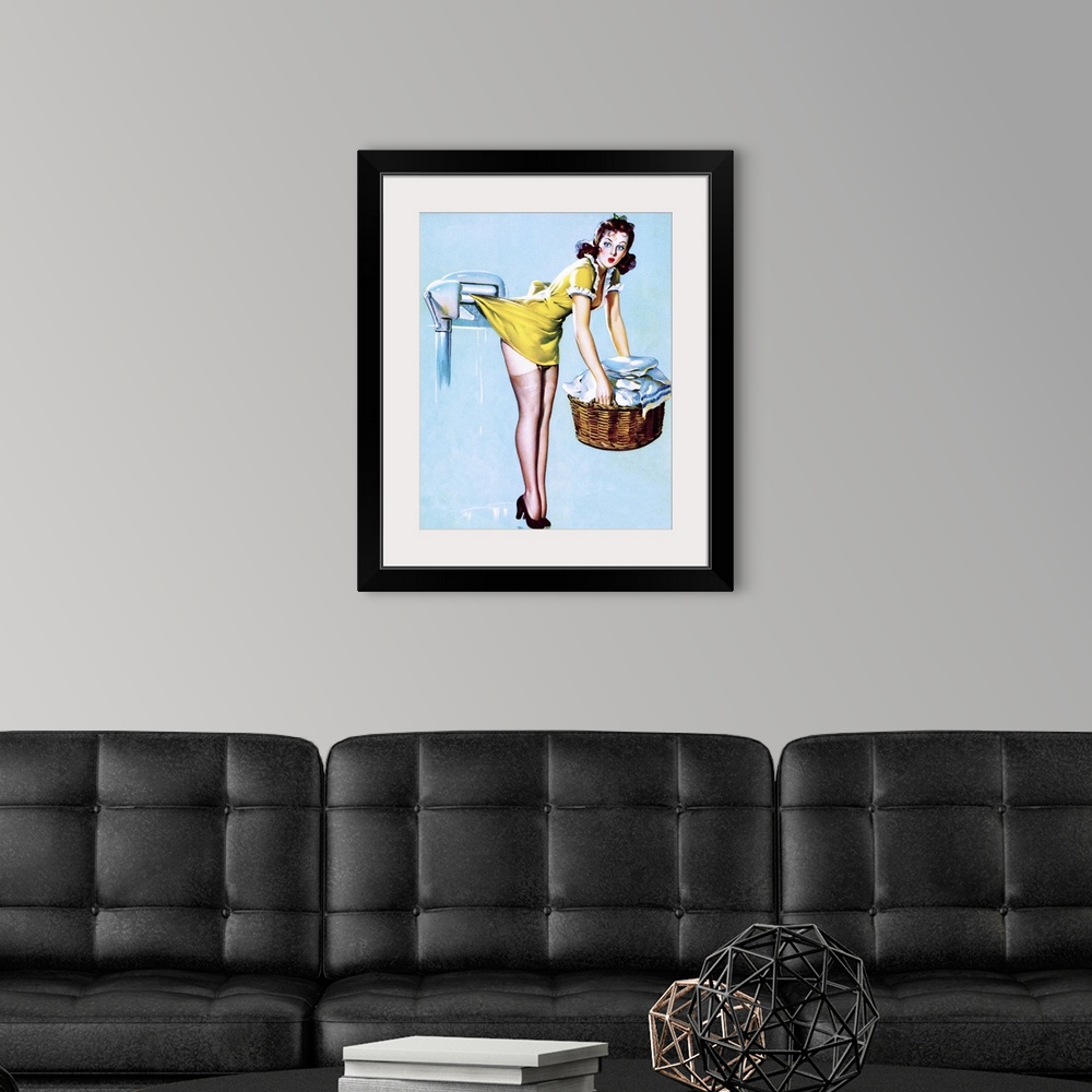A modern room featuring Vintage 50's illustration of a young woman doing laundry with her skirt caught in rollers.