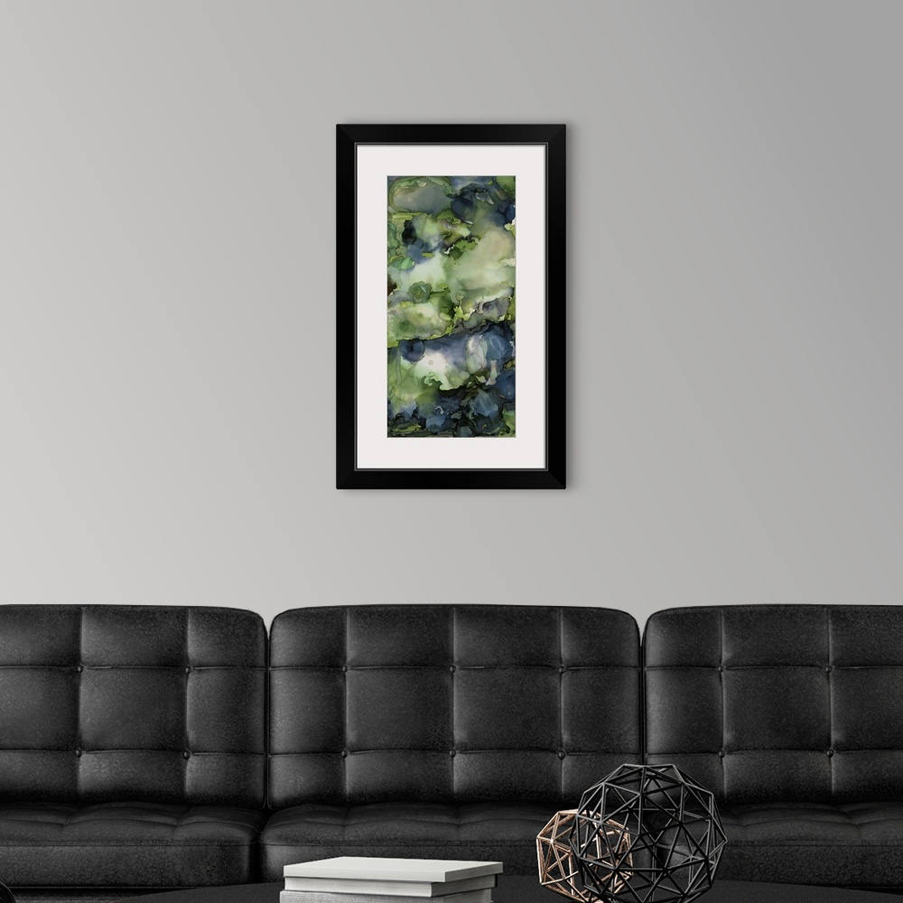 A modern room featuring Alchohol ink modern abstract painting in cerulean blue, green, gold, indigo