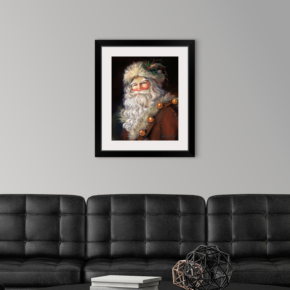 A modern room featuring Fine art painting of Santa Claus wearing a fur hat and jacket.