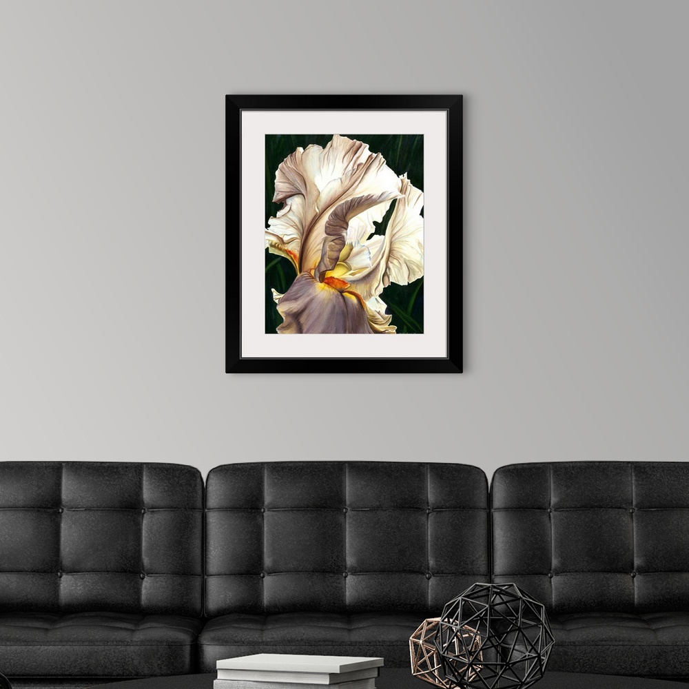 A modern room featuring A contemporary watercolor of the fine details of a white iris with yellow accents.