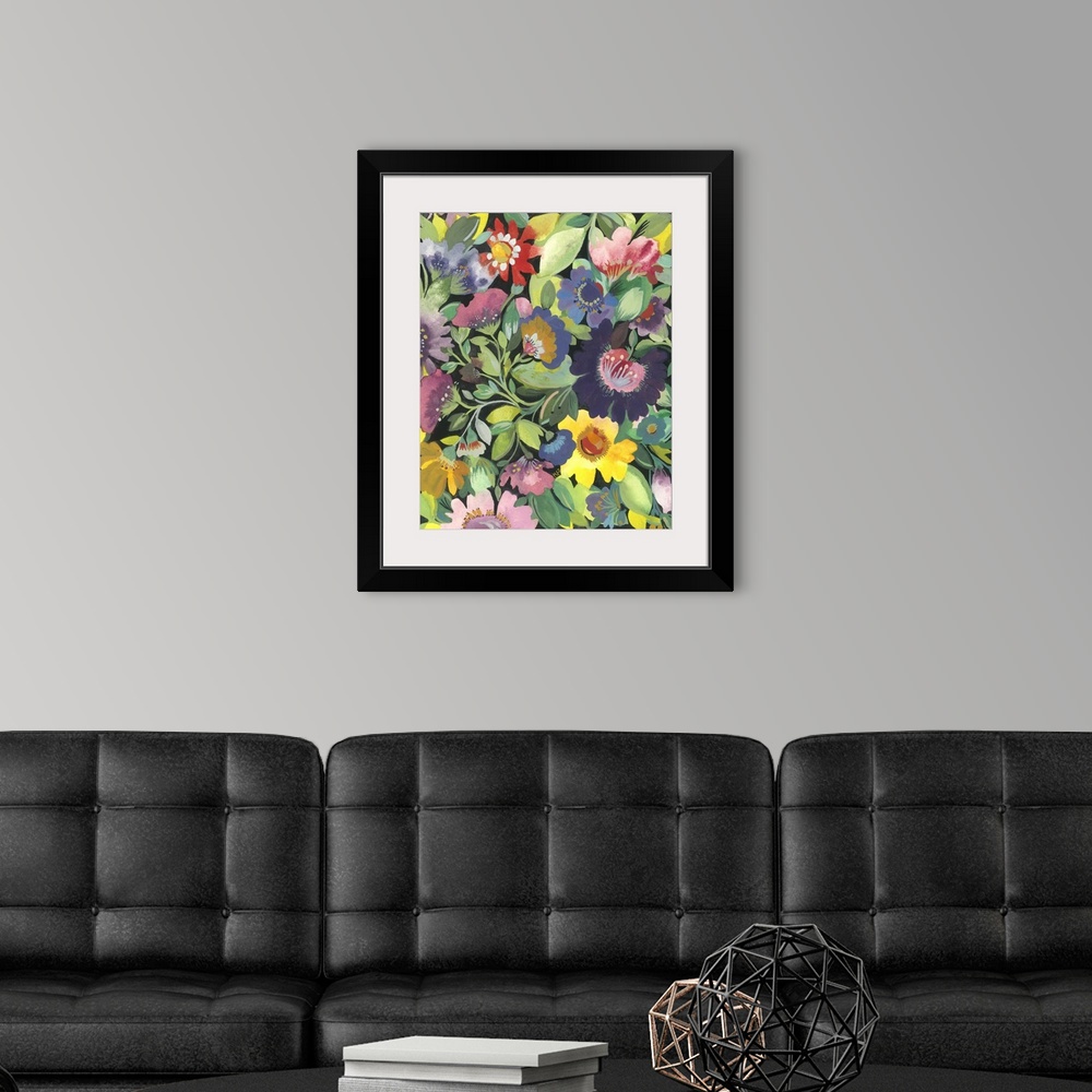 A modern room featuring Painting of color-colored flowers and green leaves against a black background.