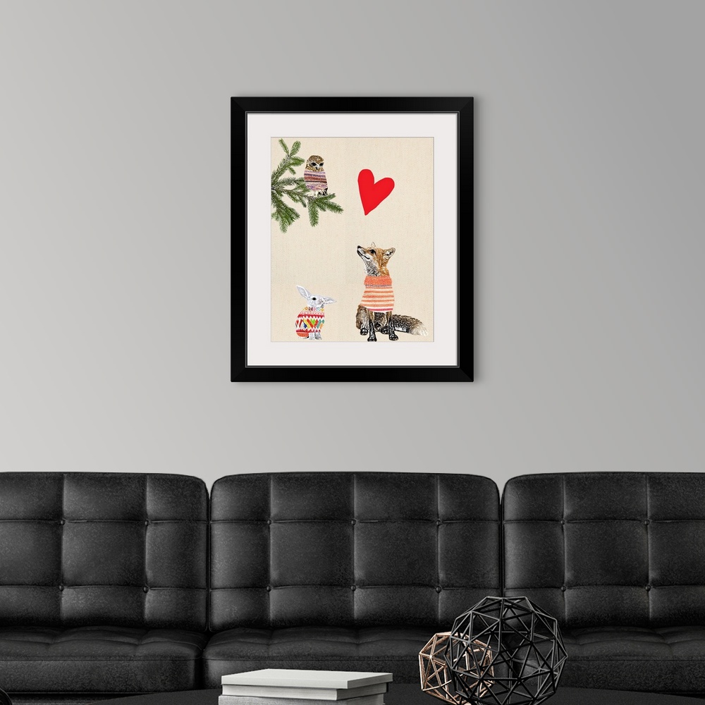 A modern room featuring Illustration of a fox, rabbit and owl wearing sweaters, and a red heart above on a linen background.