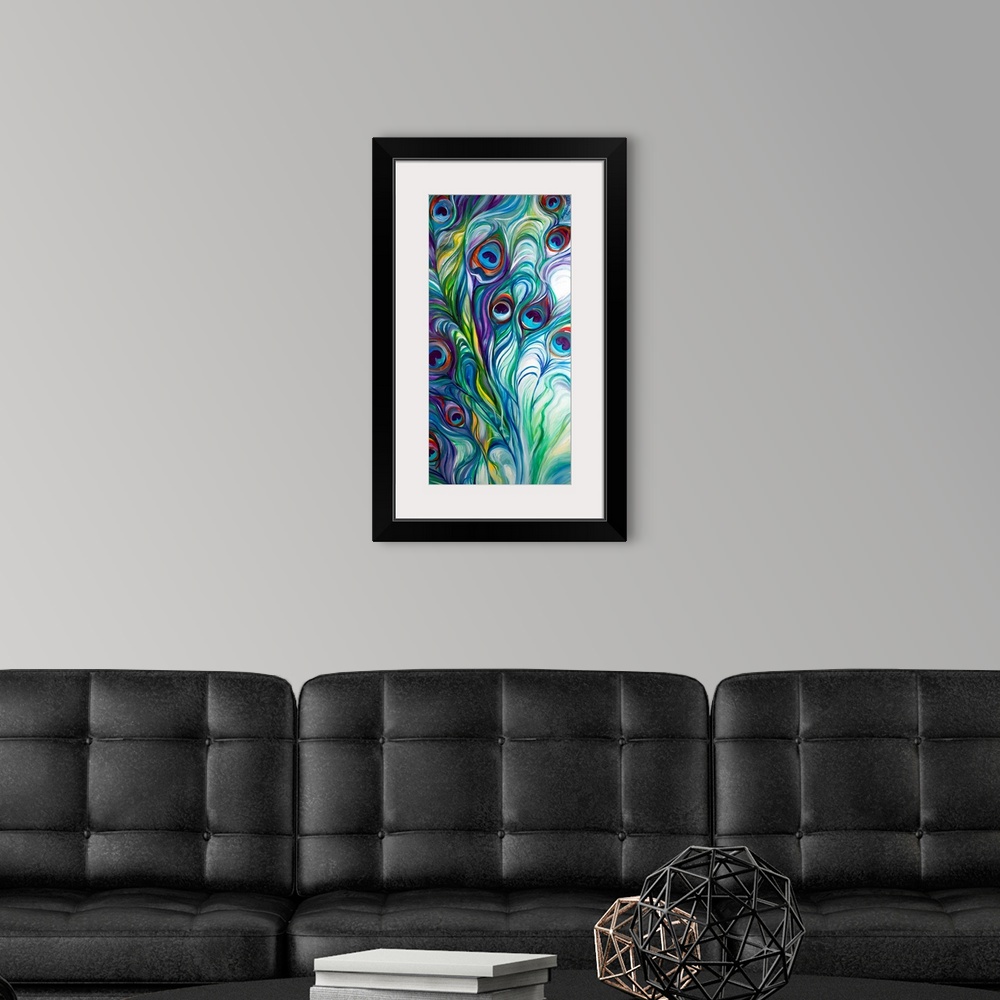A modern room featuring This abstraction of the peacock feathers has dynamic design and exciting color.